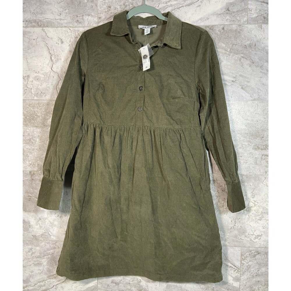 Nine West Shirt Dress Sz XS Green Leaf Corduroy Button Front with Pockets NWT